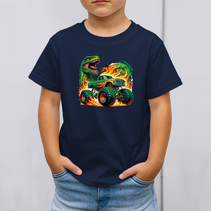 Vaikiški marškinėliai su spauda „Monster truck su dinozauru“ - Image 2